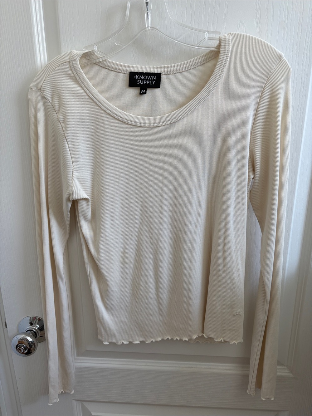Known Supply Cream Long-Sleeve Ribbed Scoop Neck Top
